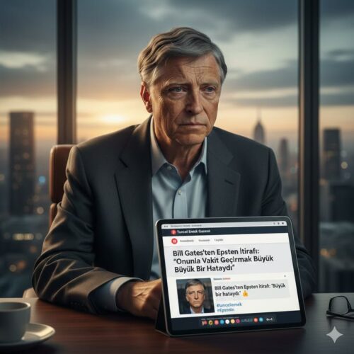 Bill Gates in a suit sitting at a desk at sunset, looking serious while holding a tablet displaying a news headline about Bill Gates and Epstein.
