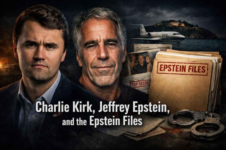 Charlie Kirk and Jeffrey Epstein beside classified Epstein Files documents and a private jet background.