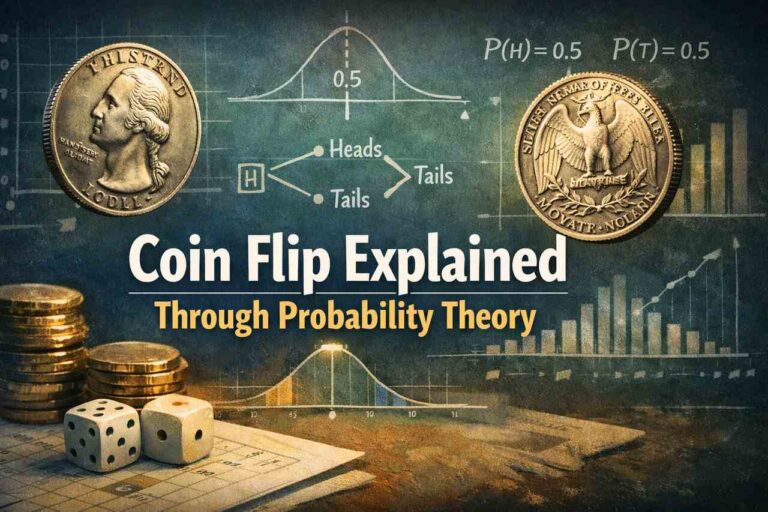 Coin flip probability theory graphic with heads/tails coins and 50/50 probability formulas.
