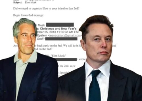 Composite image of Jeffrey Epstein and Elon Musk standing in front of a blurred screenshot of an email referencing organizing a visit to an island on January 2nd.