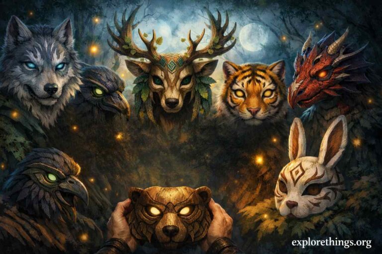 Therian Mask Ideas: Animal Identity Expression Through Symbolic Mask Design Therian animal masks in a mystical forest setting representing identity expression.