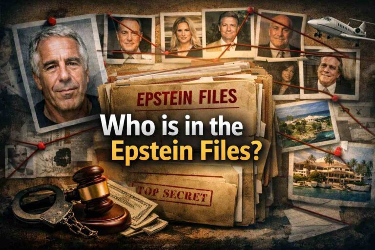 Who is in the Epstein files? Illustration titled “Who is in the Epstein Files?” showing Jeffrey Epstein, investigative files, red string connections, private jet, and luxury estate.