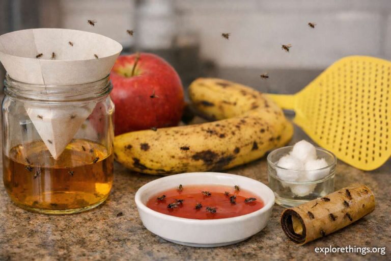 DIY apple cider vinegar trap used to get rid of fruit flies in a kitchen.