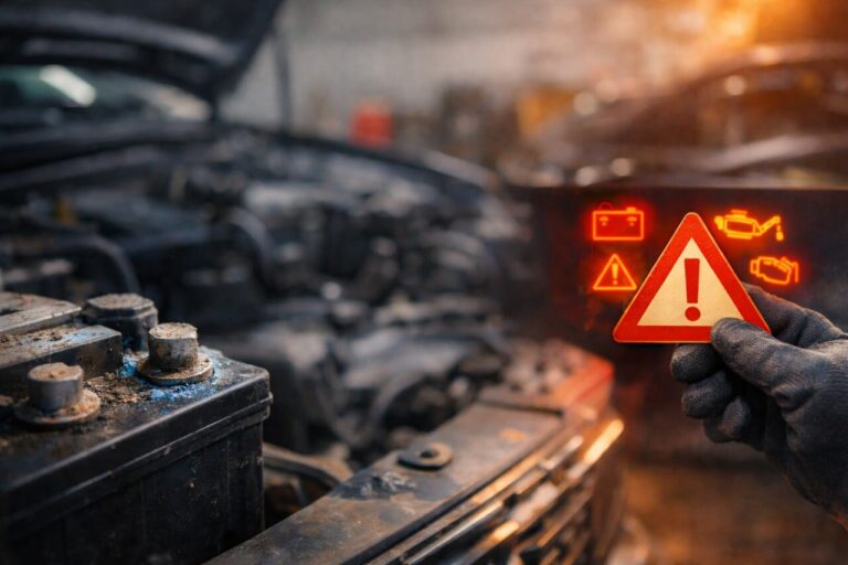 Old car battery with dashboard warning signs