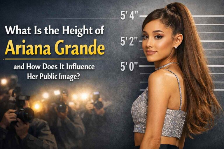 Ariana Grande standing beside height chart with paparazzi lights