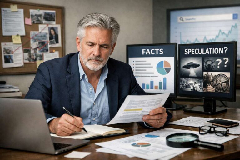 A focused middle-aged man analyzing documents at his desk with charts and graphs, while computer screens display “Facts” and “Speculation” comparisons.