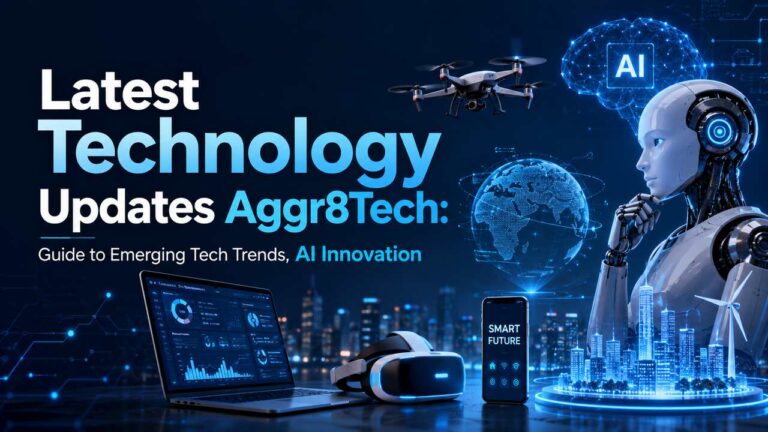 Latest Technology Updates Aggr8Tech banner featuring AI robot, drone, smart devices, VR headset, and futuristic digital technology innovations.