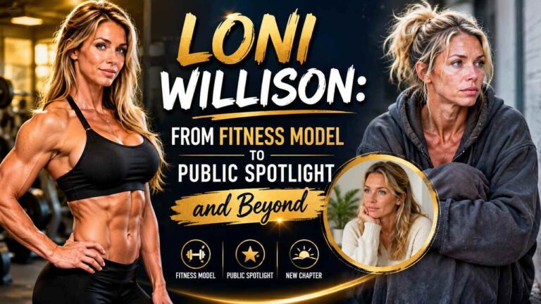 Loni Willison from fitness model to public spotlight and beyond featured image showing a before-and-after style collage highlighting different stages of her life.