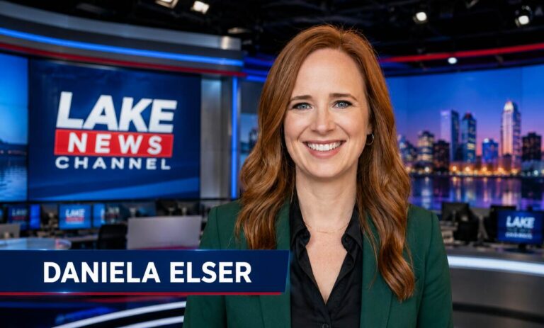Daniela Elser in a professional television news studio with a large news channel background.